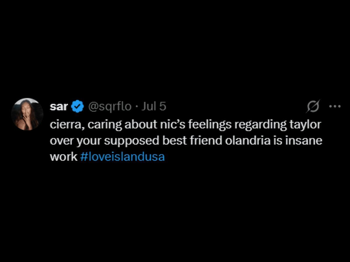 A Love Island USA fan reacts to Cierra's justification (Image via X/ @sqrflo)